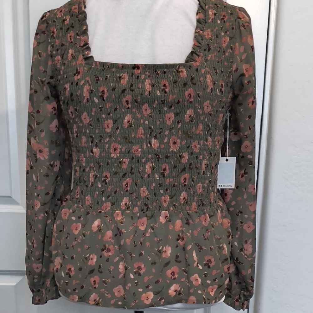 Dex Pink & Green Floral Long Sheer Sleeve Blouse Size 1X